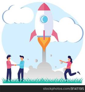 Vector illustration of startup project launch with innovative entrepreneurial concept, businessperson’s idea. Scene, creative breakthrough for growth. Start and start the work process.