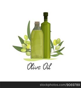 Vector illustration of sticker, label or emblem with 2 bottles of olive oil and olive branches and fruits. Packaging or advertising design for olive business and oil