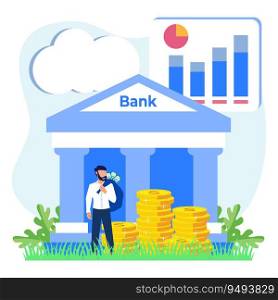 Vector illustration of stock trading concept. The character invests money in the stock market. Business people who analyze financial charts, charts and diagrams and other data.