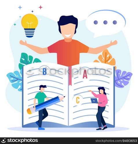 Vector illustration of studying academic knowledge book for self development and brain teaser. Literacy is the ability to read, write and understand educational concept texts.