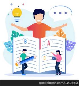 Vector illustration of studying academic knowledge book for self development and brain teaser. Literacy is the ability to read, write and understand educational concept texts.