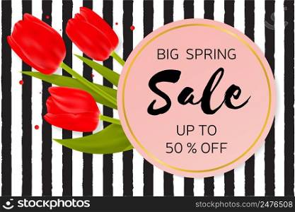 Vector illustration of stylish Big Spring sale background with beautiful flowers on the rough stripes background in Memphis style. For online shopping, advertising actions, magazines and websites.. Big Spring sale background with beautiful flowers.