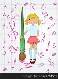 Vector illustration of stylish Colorful Back to school design with cartoon little schoolgirl