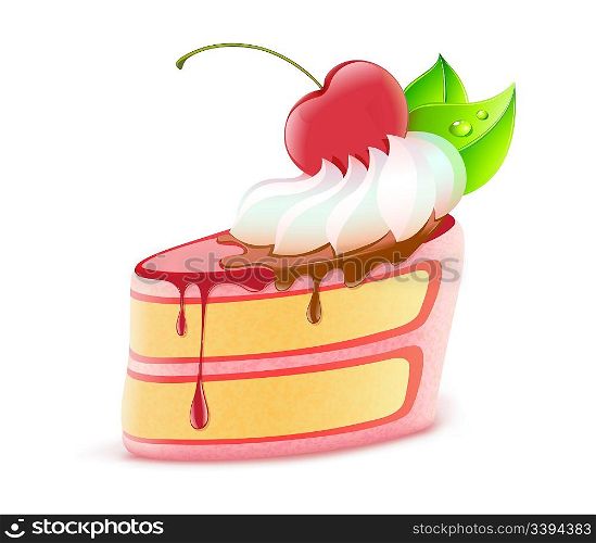 Vector illustration of stylized piece of delicious cake dessert with cream and cherry