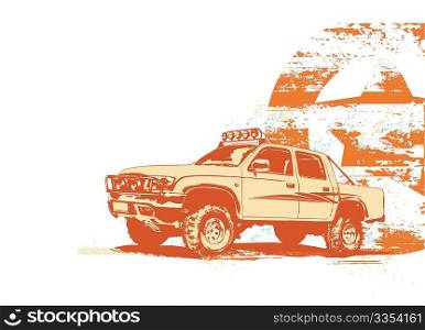 Vector illustration of stylized vintage military vehicle on the grunge background