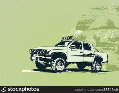 Vector illustration of stylized vintage military vehicle on the grunge background