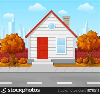 Vector illustration of Suburban house with autumn tree and city background