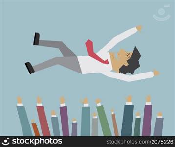Vector Illustration of Successful businessman in the air being throwing up by his colleague