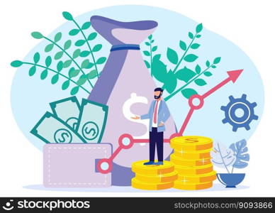 Vector illustration of successful entrepreneur. Growth of income and profit as a concept of financial progress. The upward symbolic arrow as salary, deposit or account money rises and wealth.