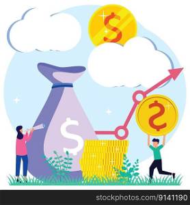 Vector illustration of successful entrepreneur. Growth of income and profit as a concept of financial progress. The upward symbolic arrow as salary, deposit or account money rises and wealth.