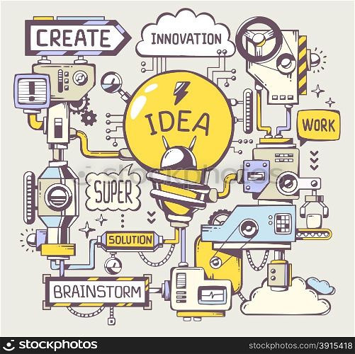Vector illustration of successful model work of yellow light bulb with key word on a gray background. Line art hand draw design for web, site, advertising, banner, poster, board and print.