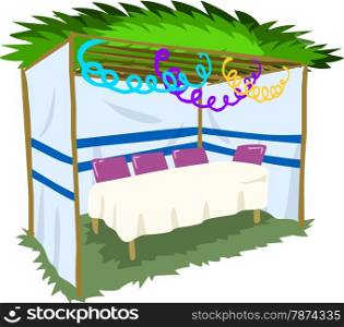 Vector illustration of Sukkah with ornaments and table for the Jewish Holiday Sukkot.&#xA;
