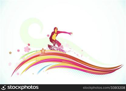 Vector illustration of summer background with a surfer riding a huge abstract wave