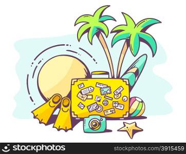 Vector illustration of summer holiday on blue background. Hand draw line art design for web, site, advertising, banner, poster, board and print.