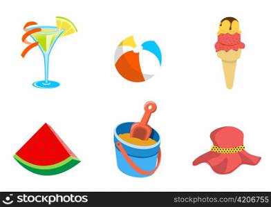 Vector illustration of summer icons. Includes cocktail, ball, heat, ice-cream, watermelon and sand bucket.