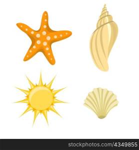 Vector illustration of summer icons. Includes sun, starfish and sea shelld