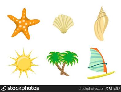Vector illustration of summer icons. Includes sun, starfish, sea shelld, palm tree and yacht