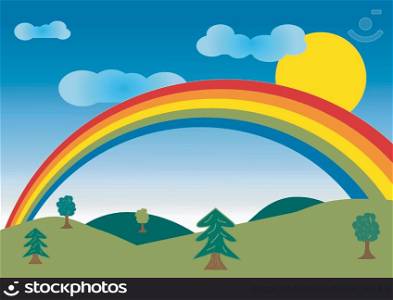 Vector illustration of summer landscape with rainbow.