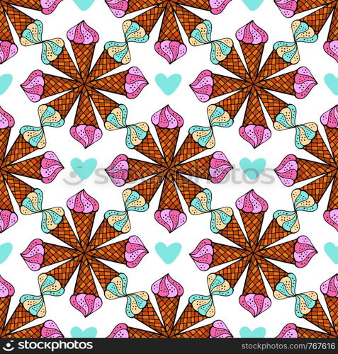 Vector illustration of summer pattern with geometrical ornament. Print design with ice cream for textile or wrapping. Vector illustration of summer pattern with geometrical ornament. Print design with ice cream for textile or wrapping.