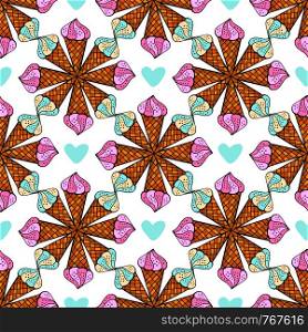 Vector illustration of summer pattern with geometrical ornament. Print design with ice cream for textile or wrapping. Vector illustration of summer pattern with geometrical ornament. Print design with ice cream for textile or wrapping.