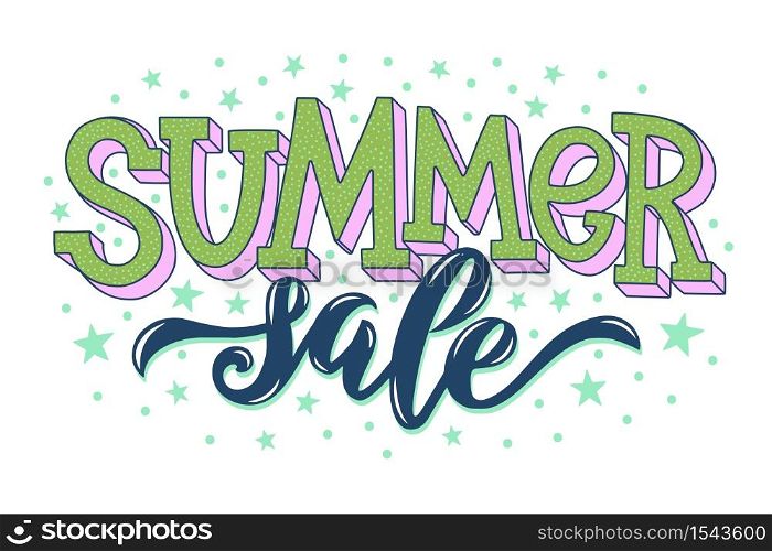 Vector illustration of summer sale text for banners, stickers and announcements. Hand drawn calligraphy, lettering, typography for summer events.