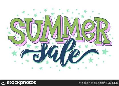 Vector illustration of summer sale text for banners, stickers and announcements. Hand drawn calligraphy, lettering, typography for summer events.
