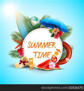 Vector illustration of Summer time banner design with white round and beach elements