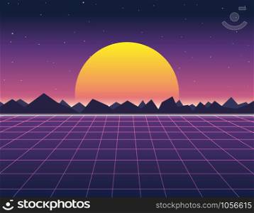 Vector illustration of sun and digital landscape in retro futuristic background 1980s style