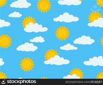 Vector illustration of sunny and cloudy seamless pattern on blue sky background