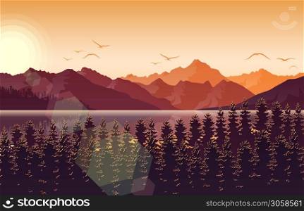 Vector illustration of Sunset in mountain landscape with forest and river