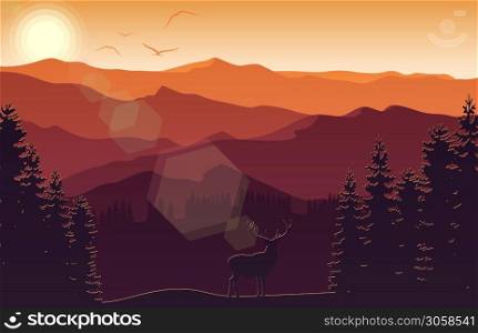 Vector illustration of Sunset mountains landscape with forest and bird flying