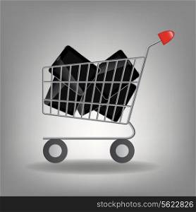 Vector illustration of supermarket shopping cart with tablet icon isolated on white background.