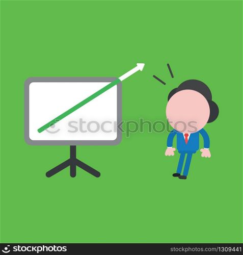 Vector illustration of surprised businessman character with arrow moving up and out of presentation board and looking.