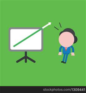 Vector illustration of surprised businessman character with arrow moving up and out of presentation board and looking.
