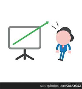 Vector illustration of surprised businessman character with green arrow moving up and out of presentation board and looking.