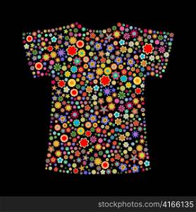 Vector illustration of t-shirt shape made up a lot of multicolored small flowers on the black background