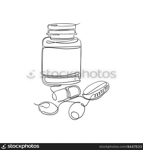 Vector illustration of tablets, vitamins and pills in a plastic jar drawn by one endless line. Medicines, medicine and beauty