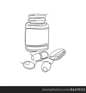 Vector illustration of tablets, vitamins and pills in a plastic jar drawn by one endless line. Medicines, medicine and beauty
