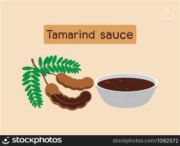 Vector illustration of tamarind fruit with tamarind sauce isolated on white background