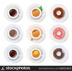 Vector illustration of Tea and coffee with donuts
