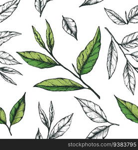 Vector illustration of tea leaves seamless pattern. Green tea pattern for packaging or wrapping, tea indutsriya