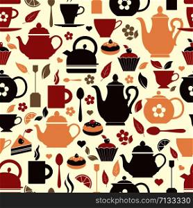 Vector illustration of tea. Seamless pattern of tea symbol on white background.. Vector illustration of tea. Seamless pattern of tea symbol.