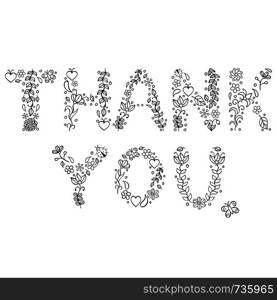 Vector illustration of Thank you text on white background.Coloring page.. Thank you text on white background