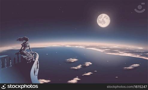 vector illustration of the ancient goddess relaxing on the balcony and she is looking down from heaven to the modern civilization with a beautiful full moon in the background