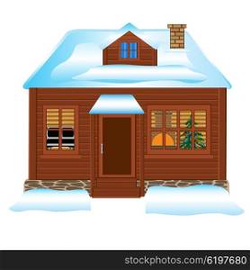 Vector illustration of the beautiful building and snow. Small lodge in winter