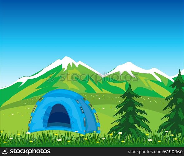 Vector illustration of the blue tent in mountain