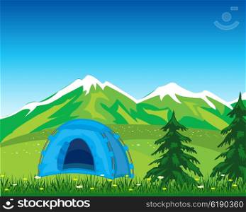 Vector illustration of the blue tent in mountain