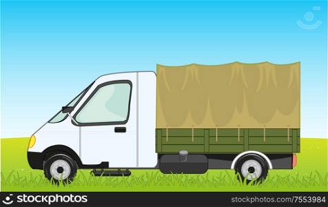 Vector illustration of the car gazelle with basket covered by tarpaulin on year glade. Car gazelle with basket on background to nature