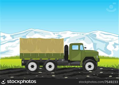 Vector illustration of the cargo car with basket ural on background of the mountains. Cargo car ural on background of the nature
