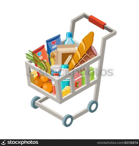 Vector illustration of the cart with products on a white background